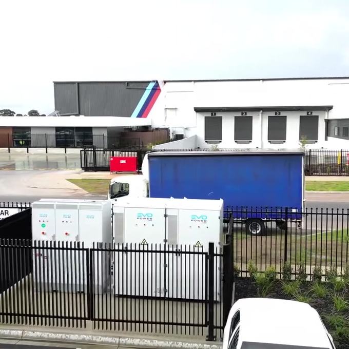 Battery storage units at a logistics facility