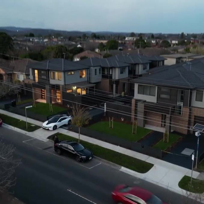 Street aerial at dusk